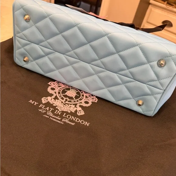 NWT My Flat in London Light Blue Quilted Blue Handbag/Tote with brown velvet bee
